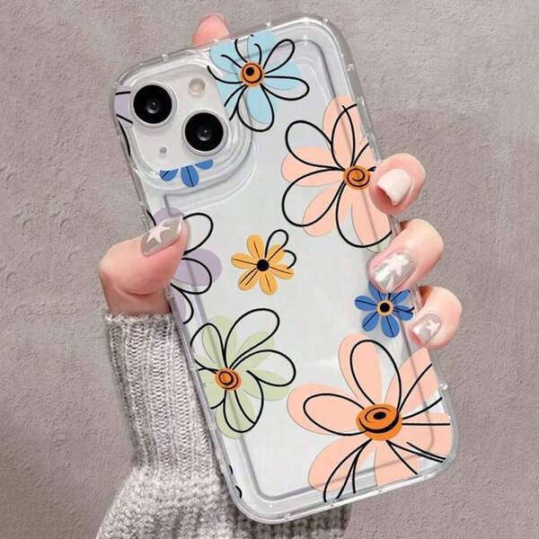 Flower Pattern Protective Transparent Case Compatible With IPhone 16 15 14 Pro Max 11 12 13 Mini 16E 7 8 Plus X XR XS Shock-Absorption Cover