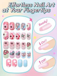 24pcs Kids Press-On Nails Girls Fashion False Nails Set, Kids Nails Artificial False Nails Patches Pre-Glued Full Coverage Short Acrylic Nails Suitable For 3-12 Years Old Kids Nails Great For Girls Birthday Gifts Kids Nail Art Decoration (Floral Butterfly)