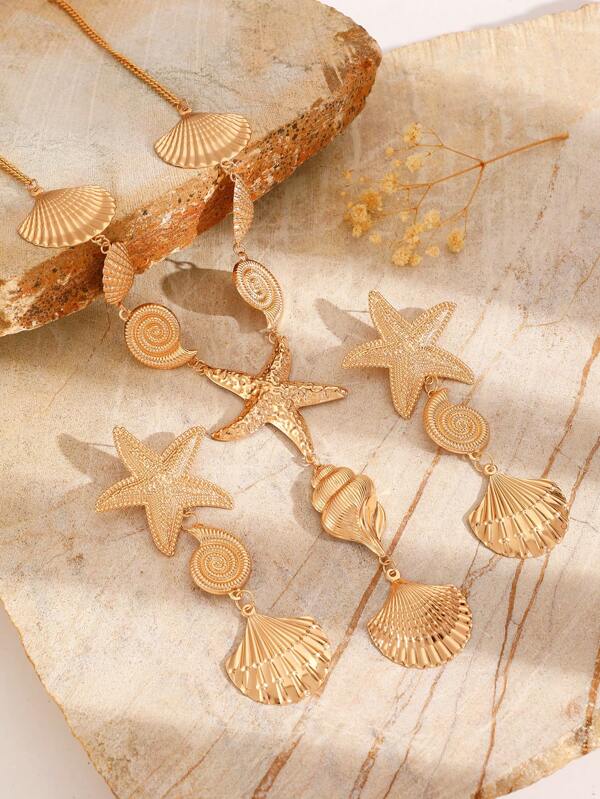 3pcs/Set Ocean Elements Starfish Shell Necklace & Earrings, Suitable For Women Holiday Wear