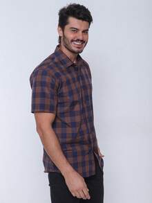 Rand paul Men's Casual Slim Fit Short Sleeve Plaid Shirt Slim Fit Modern And Versatile Style - 棕色 - 查看 6