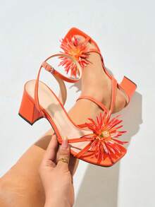 女士高跟凉鞋，粗跟方头交叉闪亮花朵性感裸色系带优雅礼服凉鞋，适合派对、度假和户外活动，橙色 - 橘色 - 查看 4