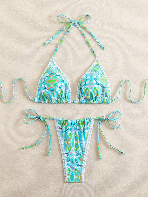 Women's Summer Beach Geometric Print Halter Tied Knotted Bikini Set