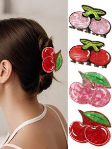 1 件女士卡通樱桃图案 PVC 发夹，日常使用的装饰头饰，创意礼物，适合女孩的时尚发饰优雅发夹 - 彩色 - 查看 1