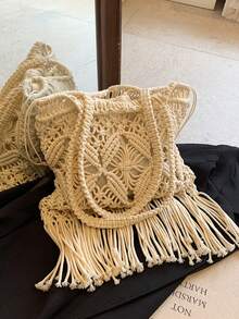 2025 Handmade Hollow-Out Woven Fringe Shoulder Bag, Boho Style Large Capacity Commuter Bag, Spring-Summer Outfit Complement For Free And Relaxed Vibe