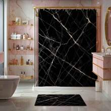 1/4pcs Black Marble Texture Theme Shower Curtain Set, Waterproof Bath Curtain, Bathroom Decor, Fashionable Drape, Window Curtain, Room Divider, No Drilling Required, Polyester, Machine Washable Bathroom Accessories Back To School