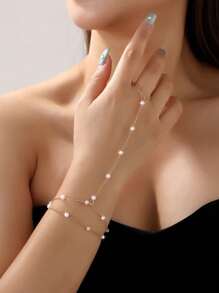 Brazalete de cadena dorada con perla blanca y cristal brillante, estilo bohemio europeo y americano, pulsera y anillo de muñeca elegante como regalo para mujeres y niñas