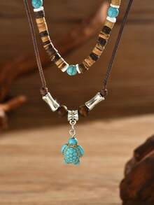 1 Set Bestselling New Tiger Eye Stone, Imitation Turquoise, Coconut Shell 2-Piece Handmade Beaded Adjustable Necklace, Suitable For Men's Daily Wear - Men's Necklaces - View 8