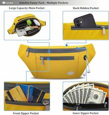 Entchin Fanny Pack Women Men,Crossbody Belt Bag With 4-Zipper Pockets,Adjustable Waist Bag Pack,One Of Most Popular Travel Essential Gifts Walking,Traveling,Cycling - 黃色 - 查看 3