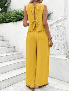 Women'S Summer Sleeveless Strapless Tie-Front Pants - Stylish Navy Blue Wide-Leg Trousers With Ruffled Hem, Perfect For Casual Or Dressy Outfits, Casual Attire|Ruffled Hem Pants|Polyester - Màu vàng - Xem 8