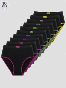 10pcs/Set Women's Mid-Waist Triangle Panties, Minimalist, Contrast Color, Soft, Breathable - Multicolor - View 4