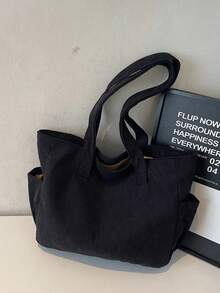 女士灯芯绒手提包，带多个口袋，适合高中生和大学生的时尚背包 - 黑色 - 查看 5