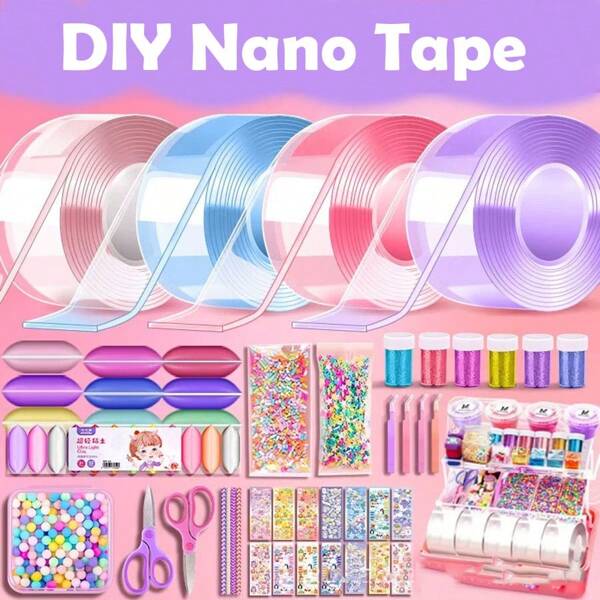 118-Inch Long Shiny Nano Bubble Tape Set For Children, Balloon Nano Tape Bubble Kit, Nano Soft Tape Set Bubbles, Shiny Bubble Tape With Clay Holiday Gift For Children