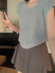 针织吊带短袖T恤女夏季新款小众镂空无袖冰丝短款上衣 - 淺灰色 - 查看 7