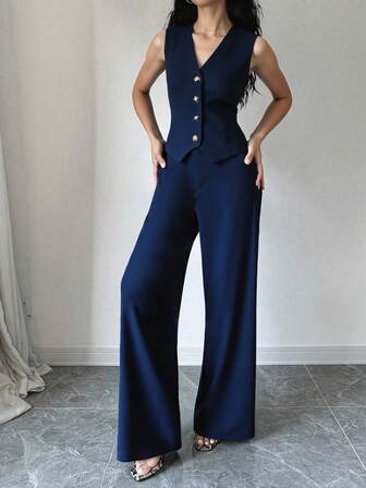 优雅女士西装套装，长裤，纯色休闲装 - 无袖背心 + 松紧腰口袋裤，适合日常休闲和通勤穿着，四季皆宜