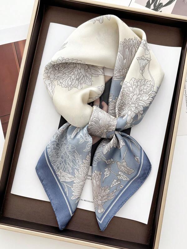 1pc Women's Spring And Summer Flower Print Square Scarf Imitation Silk 70 Small Square Scarf Shawl Neck Protection Bib Professional Scarf Warm Suitable For Daily Use