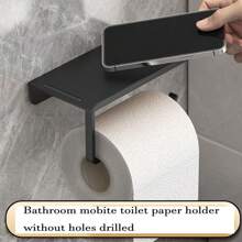 Soporte de pared adhesivo para pañuelos, adecuado para cocina y baño, 6,7 pulgadas (aproximadamente 17,0 cm), portarrollos de papel higiénico de baño con estante de almacenamiento, cinta adhesiva autoadhesiva, portarrollos de papel higiénico de pared montado, negro mate