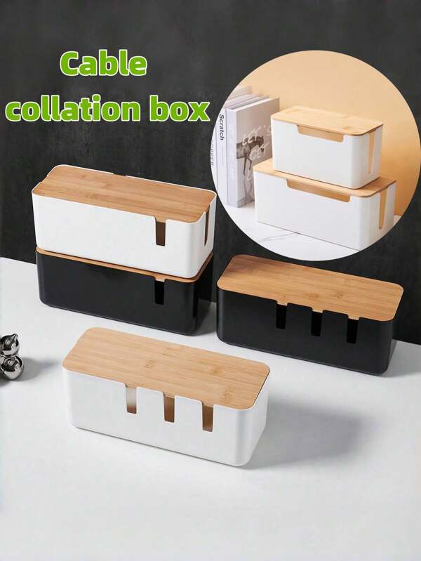 1 Caja de gestión de cables extra grande con tapa de madera, organizador de adaptador de enchufe de plástico con 7 y 4 orificios, organizador de cables espacioso, salida oculta debajo de la mesa o el piso - Excelente para el hogar y la oficina, regalo para amigos, novio/novia, Día de la Madre, bodas