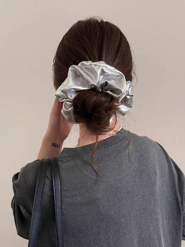 1pc Silver Shiny Metallic Effect Big Hair Scrunchie, High-End Hair Tie For Ponytail, New Hair Accessory, Halloween Accessories ,Hair Accessories