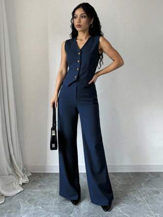 Elegant damkostymset, långbyxor, enfärgad casual outfit - ärmlös väst + byxor med resår i midjan, lämplig för vardagskläder och pendling, hela säsongen