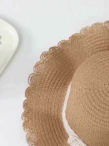 1 pieza Sombrero de paja con decoración de cintas y perlas, estilo princesa adecuado para la playa, exteriores y uso diario
