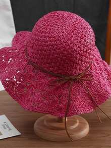1 pieza Sombrero de paja de moda para mujer, sombrero de verano tejido a mano, ala ancha, estilo coreano, correa con lazo plegable, sombrero protector solar para playa y pesca, accesorio de viaje y vacaciones como regalo