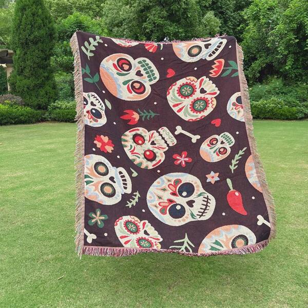 1pc Thick, Soft, Washable & Fade/Pill Resistant Skull Skeleton Multi-Purpose Blanket, Suitable For Home Decor, Sofa, Napping, Air Conditioning, Car Use And Outdoor Picnics