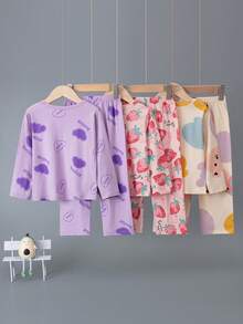 6pc Young Girls Cartoon Bear Print Pajama Set, Long Sleeve Top And Pants, Lightweight Spring/Autumn Homewear With Allover Print - Multicolor - View 2