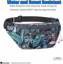 Entchin Fanny Pack Women Men,Crossbody Belt Bag With 4-Zipper Pockets,Adjustable Waist Bag Pack,One Of Most Popular Travel Essential Gifts Walking,Traveling,Cycling - 花卉海軍藍 - 查看 4
