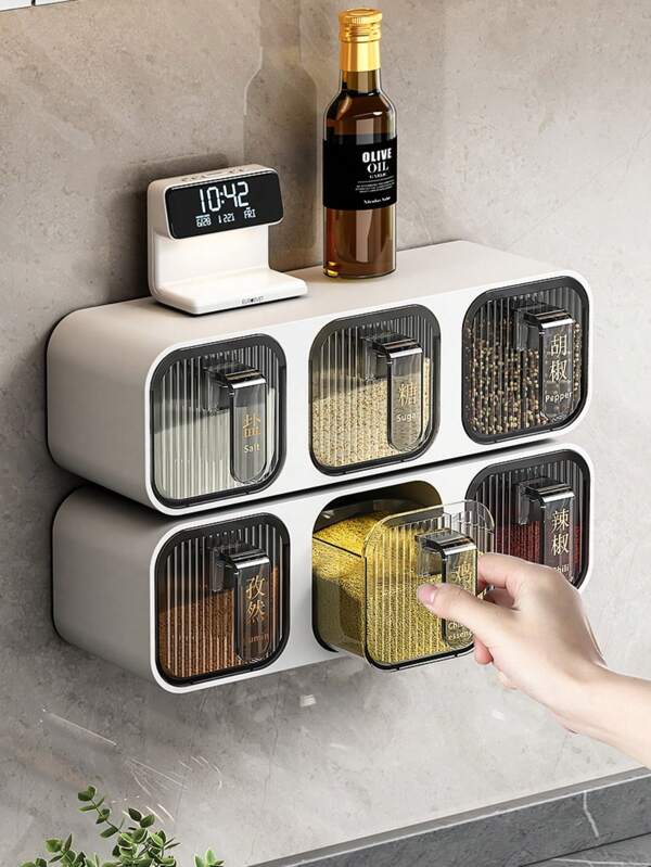 1pc Wall-Mounted Non-Perforated Seasoning Box, Multi-Layer Grid Kitchen Seasoning Box, Kitchen Seasoning Storage Box