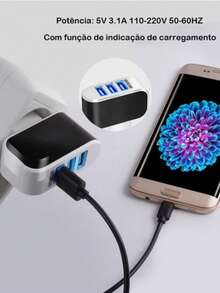 Fonte Carregador Rápido Para Celular 3 Usb 3.1A 3 Entradas Fonte USB Rápido LED H'Maston CB03 - Preto - Visão 2