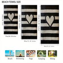 منشفة شاطئ كبيرة الحجم - تصميم طباعة قلب مخطط أسود وأبيض، من ميكروفايبر ناعم وماص، سريعة الجفاف وخفيفة الوزن، مناسبة للشاطئ والحمام والسفر - منشفة شاطئ وبطانية حديثة للجنسين، إكسسوار جانب المسبح