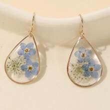 A Pair Of Real Flower Drop Glue Forget Me Not Water Drop Earrings, Suitable For Women's Daily Wear
