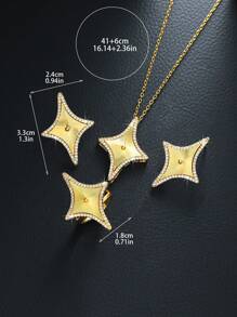 4pcs Elegant 18K Gold Plated Four-Pointed Star Jewelry Set For Women, Including Stud Earrings, Ring And Choker Necklace, Copper Base, Fashionable Jewelry For Women, Ideal For Daily Wear & Gifting, Perfect For Valentine'S Day