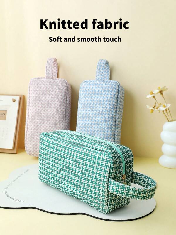 High-End Fashion Knitted Cosmetic Bag, Portable Handheld Travel Organizer Pouch, Multi-Functional Zipper Storage Bag, Large Capacity Pencil Case - Suitable For Cosmetics, Toiletries, Jewelry, Cables And Other Storage, Perfect Holiday Gift