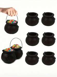 12Pcs Halloween Black Cauldrons Mini Witch Bucket Candy Bucket Kettle With Handle Candy Holder Pot, Witch-Themed Party Decorations, Lightweight Portable Candy Container, Reusable Trick-Or-Treat Candy Holder, Black Plastic Witch Kettle Decor For Halloween Party Decor Home Decor Halloween Decor Fall Decor Room Decor, Plastic Witch And Pumpkin Bucket Props With Snap Closure - Multicolor - View 3