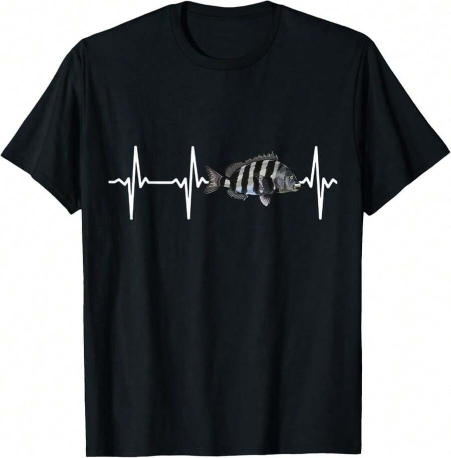 Sheepshead Heartbeat For Saltwater Fish Fishing Lovers Lightweight  Basic Cotton T-Shirt - Black - View 1