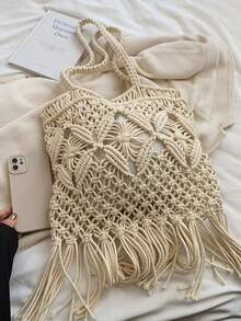 2025 Handmade Hollow-Out Woven Fringe Shoulder Bag, Boho Style Large Capacity Commuter Bag, Spring-Summer Outfit Complement For Free And Relaxed Vibe