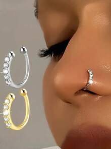 2 件/1 件金/银锆不锈钢医用级假鼻环，微镶嵌锆石鼻中隔环，波西米亚风格欧美配饰 - 金黃色 - 查看 1