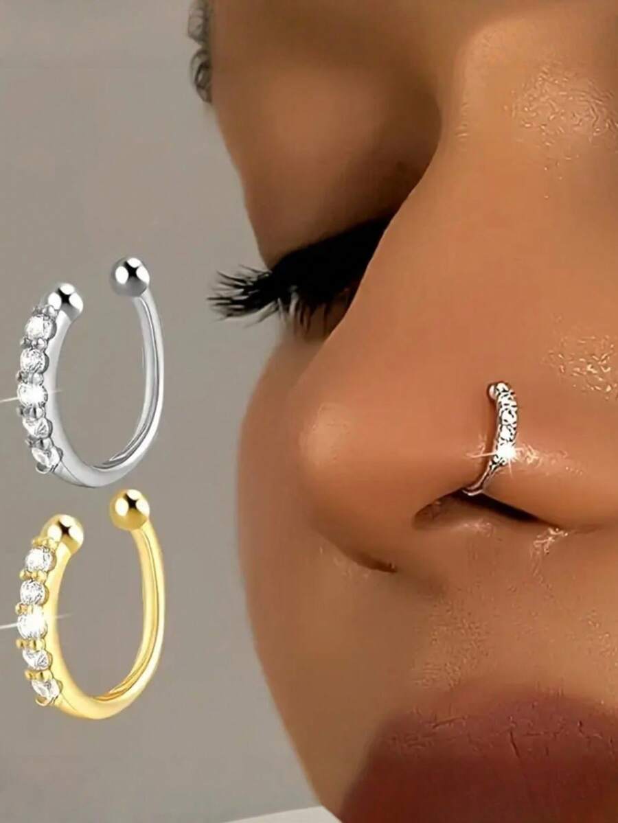 2 件/1 件金/银锆不锈钢医用级假鼻环，微镶嵌锆石鼻中隔环，波西米亚风格欧美配饰 - 金黃色 - 查看 1