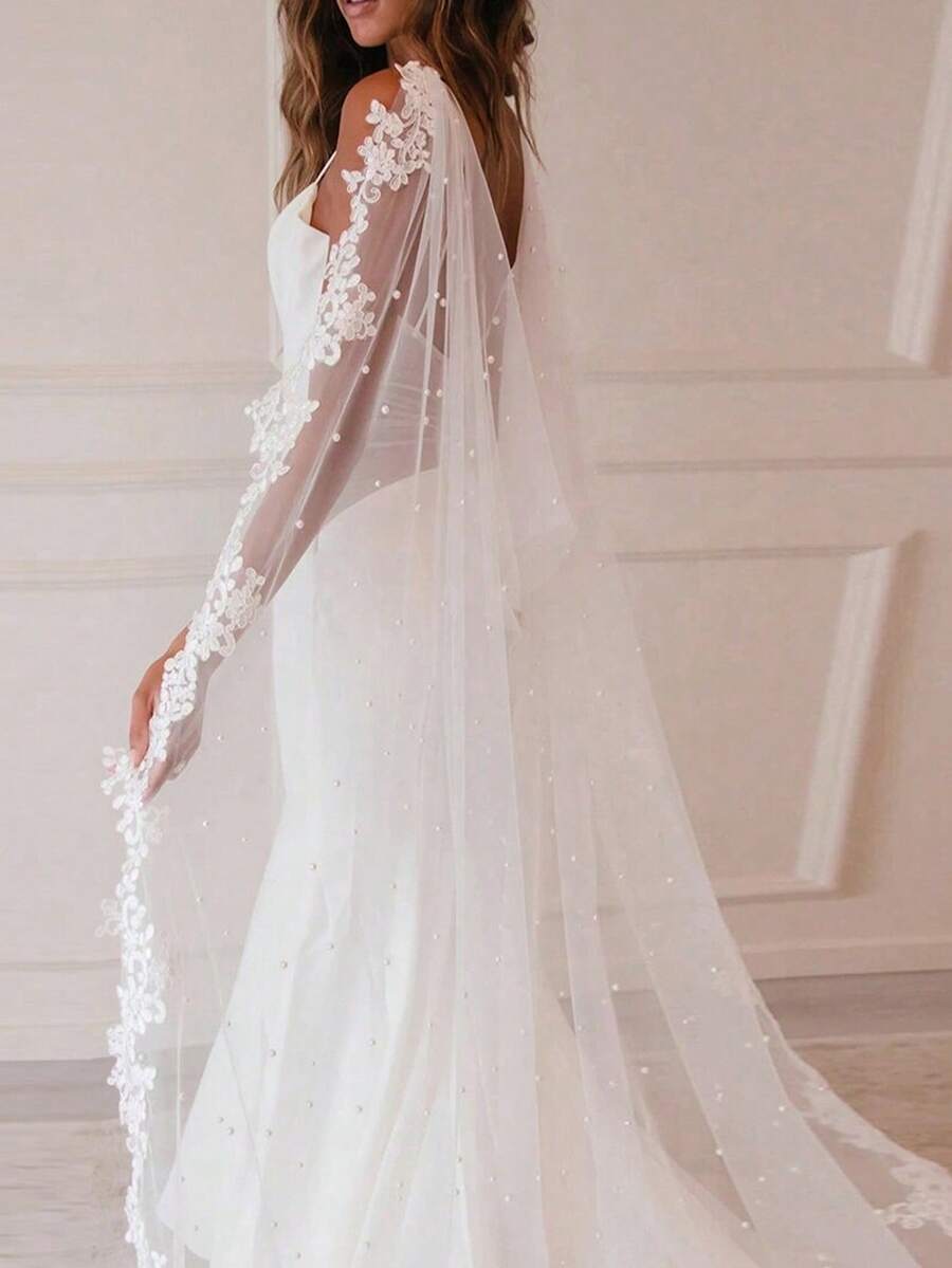 1pc Bride Wedding Wraps Lace Edge Shawl Cape With Faux Pearl, Lace Bridal Shawl Cape,Marriage Wedding Dress Accessories - Beige - View 1