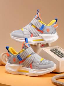 1 Pair Boys/Girls Summer Mesh Splicing Soft Lightweight Magic Tape Color Blocking Breathable Casual Daily Running Sports Shoes
