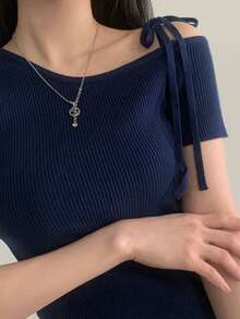 新款条纹镂空方领针织毛衣，时尚修身女士上衣，夏季 - 藏青色 - 查看 2