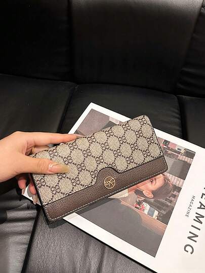 棕色长款花朵印花时尚扣女士经典复古钱包蝴蝶结金属装饰三折拉链钱包和手机钱包轻便手拿包女士钱包钱包长款钱包