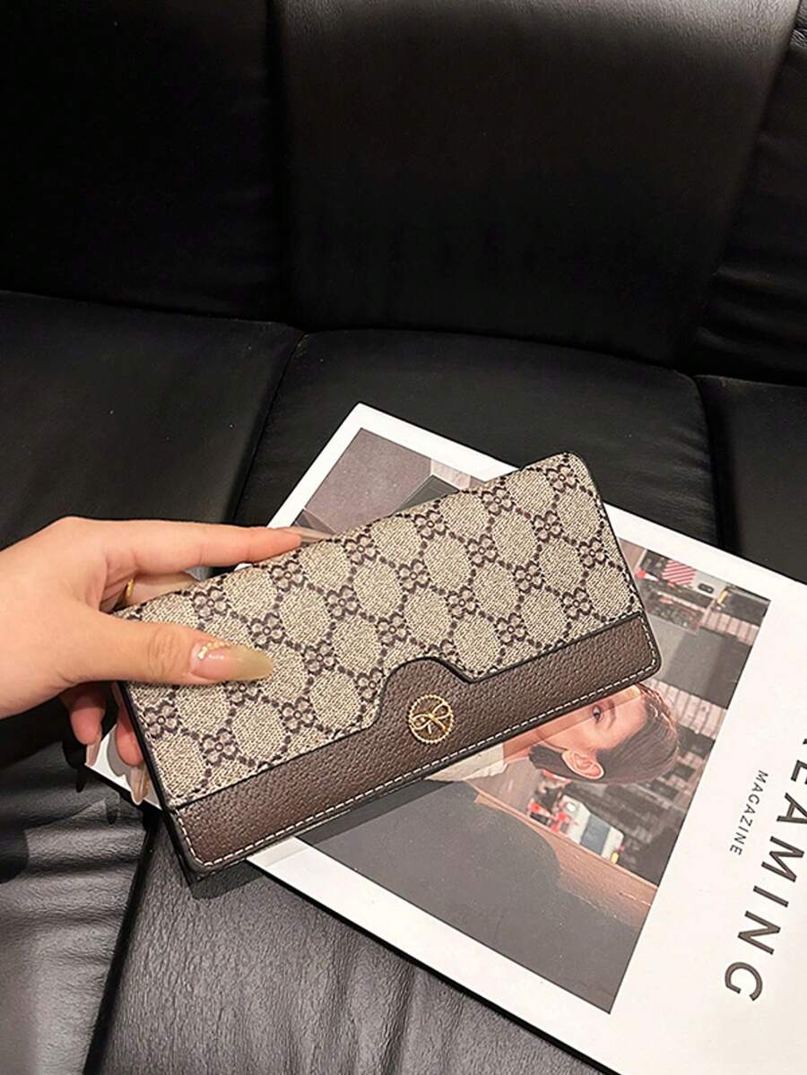 棕色长款花朵印花时尚扣女士经典复古钱包蝴蝶结金属装饰三折拉链钱包和手机钱包轻便手拿包女士钱包钱包长款钱包 - 棕色 - 查看 1