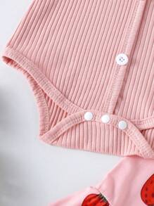 2pcs Cute & Comfortable Baby/Toddler Girls Sleeveless Off-Shoulder Romper + Strawberry Print Pants Outfit, Thin, Spring/Summer
