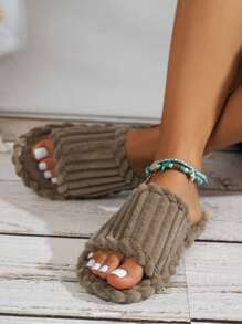 Pantoufles d'intérieur minimalistes mode nouvelle en velours côtelé, chaussures d'intérieur souples à enfiler avec orteils ouverts et doux confort en peluche