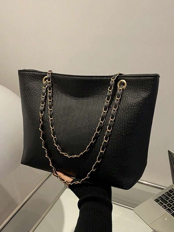 Fashionable Solid Color PU Embossed Crocodile Pattern Women's Over Shoulder Tote Bag, Suitable For Party, Street, Travel, Versatile