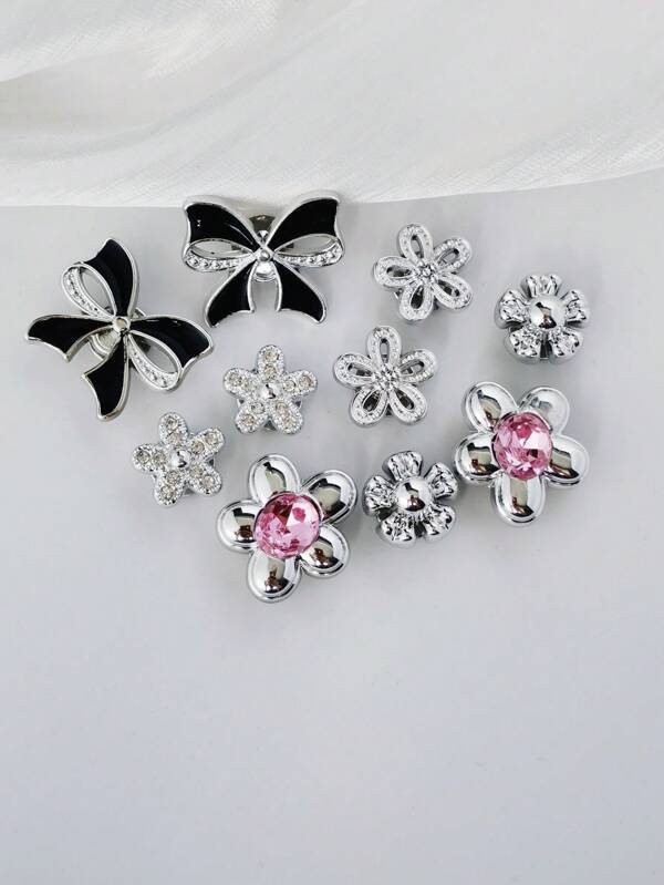 10pcs/Set Cute Floral & Bird Print Bowknot Casual Beach Outdoor Y2K ABS Plastic Rhinestone Decorative Sandal Shoe Accessories