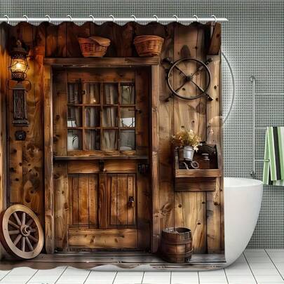 1pc Vintage Wooden Door Pattern Shower Curtain, Home Decor Shower Curtain, Bathroom Modern Style Shower Curtain With 12 Hooks Bathroom Accessories Back To School