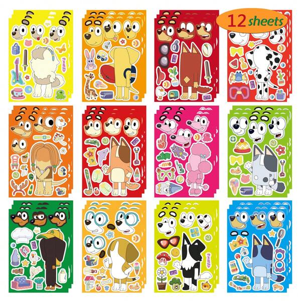 Bluey 12Sheets Anime Bluey Cartoon Puzzle Stickers Children's DIY Notebook Backpack Decoration Bluey Bingo Interesting Toy Stickers Gifts